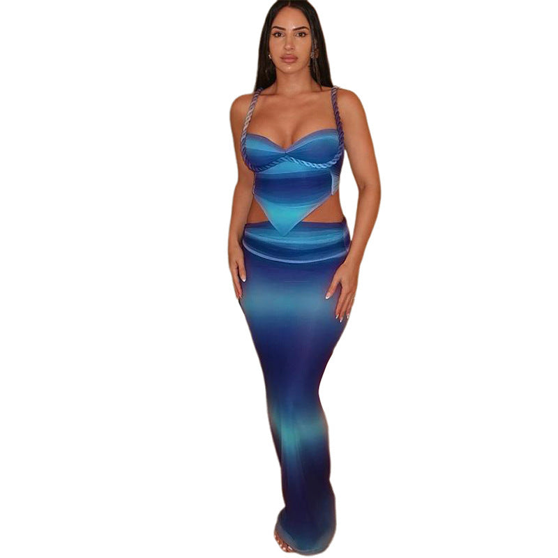 Cool Contrast Color Camisole Sexy Slim Fit Tied Skirt Suit Women