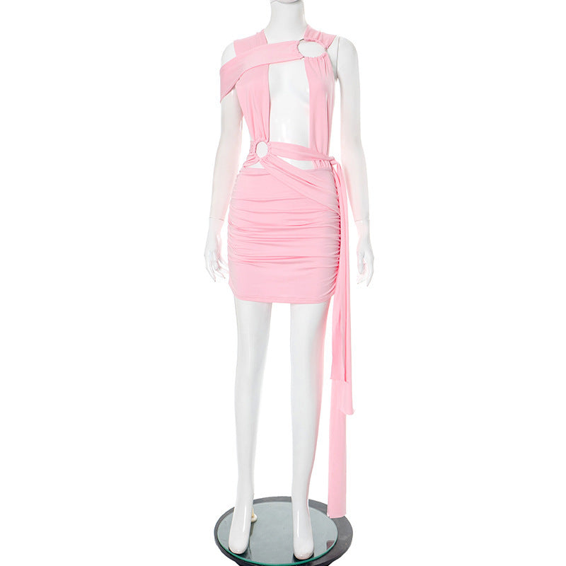 Hollow Cross Strap Ribbon Hip Skirt Dress