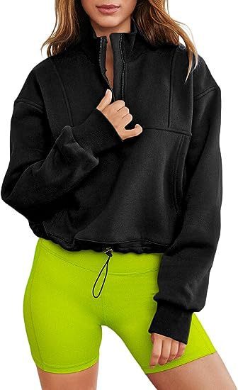 Women's Fashion Casual Stand Collar Half Zip Drawstring At Hem Brushed Hoody