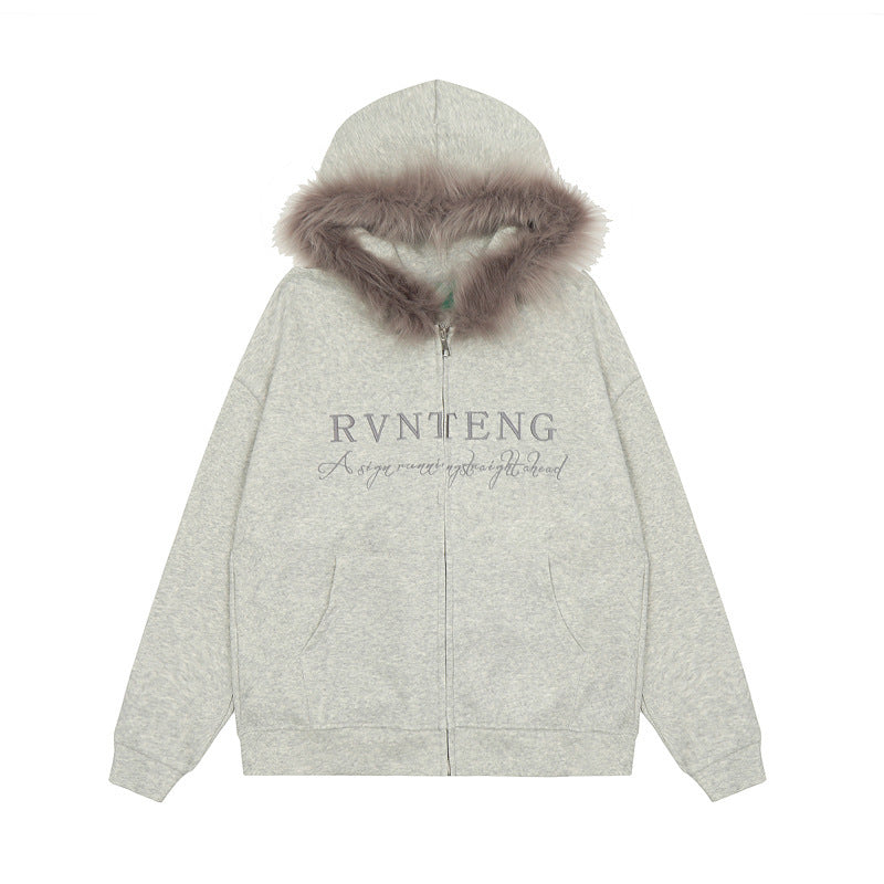 American Retro Alphabet Embroidery Fur Collar Hood Brushed Hoody