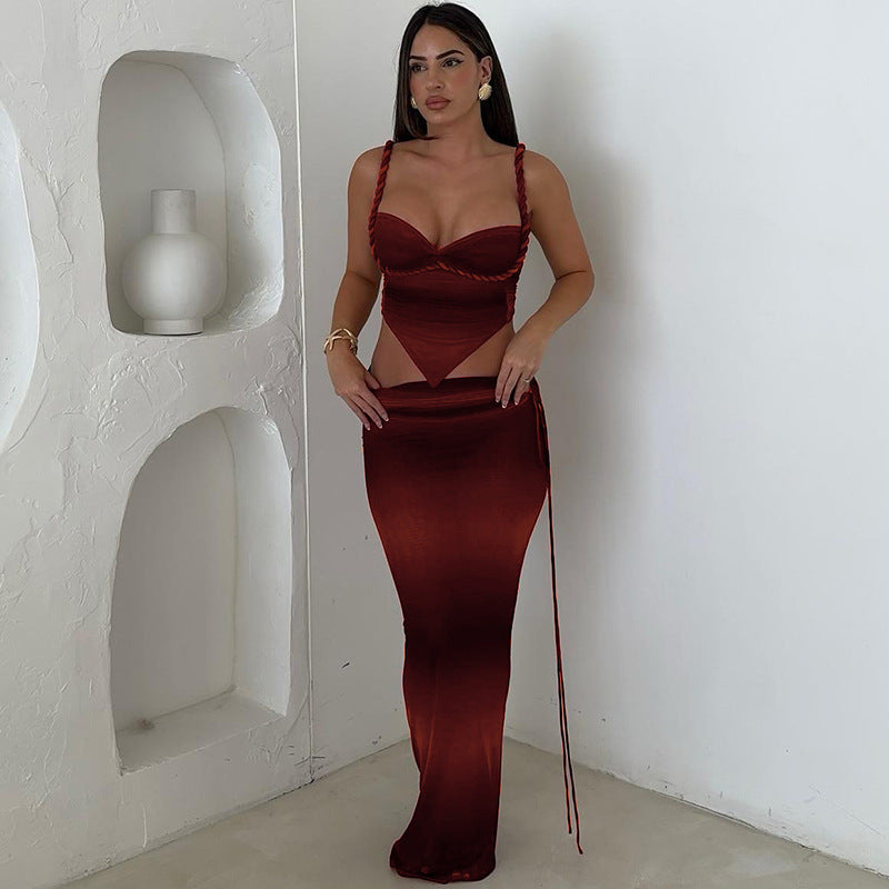 Cool Contrast Color Camisole Sexy Slim Fit Tied Skirt Suit Women