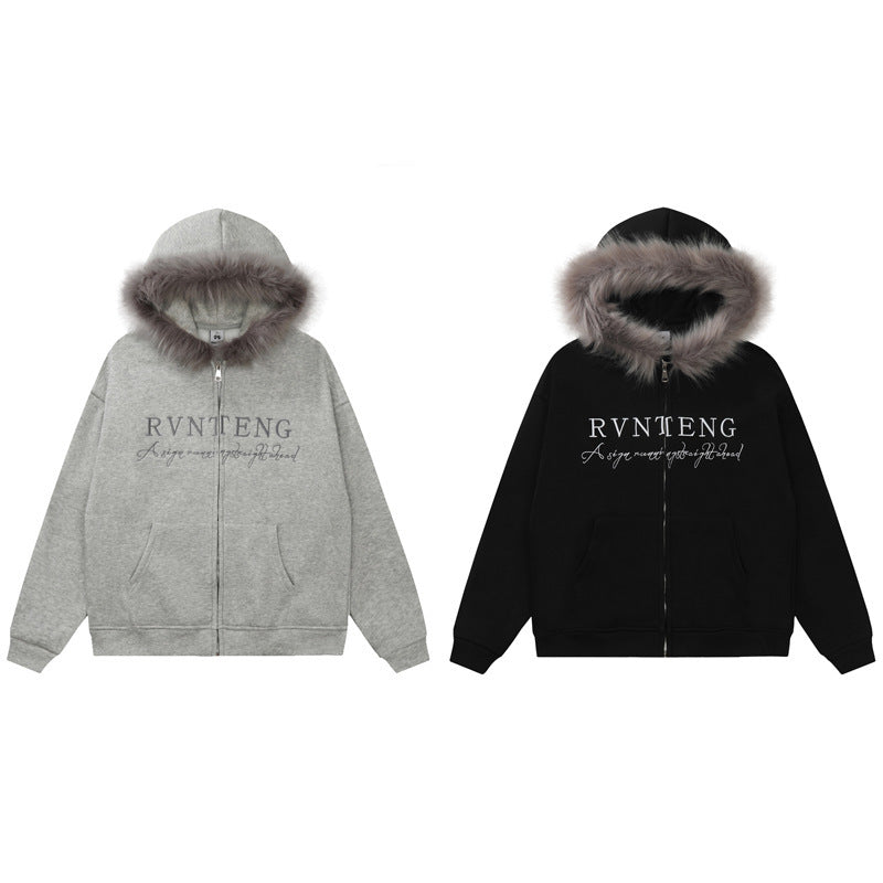 American Retro Alphabet Embroidery Fur Collar Hood Brushed Hoody