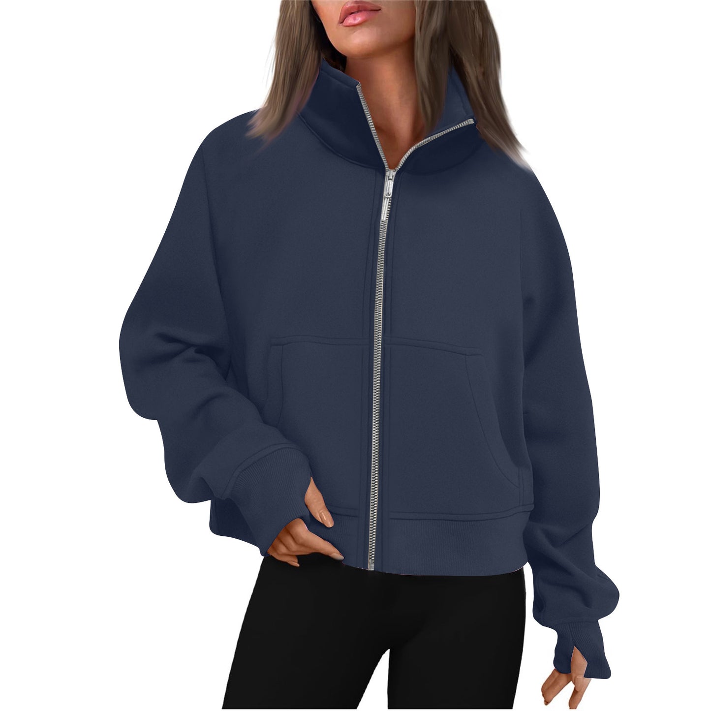 Long Zipper Short Stand Collar Thumb Hole Brushed Hoody
