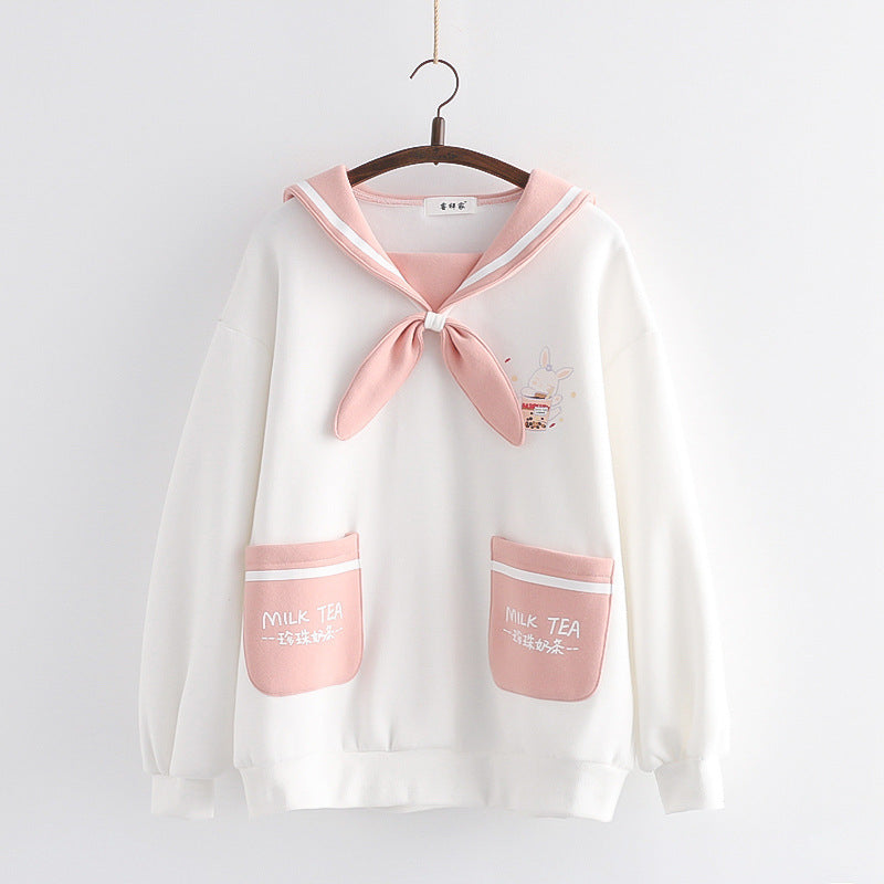 Japanese College Style Milk Tea Rabbit Sailor Collar Bow Brushed Hoody