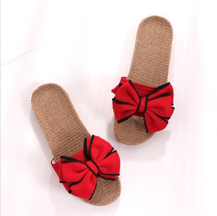Summer slippers female bow flat linen slippers
