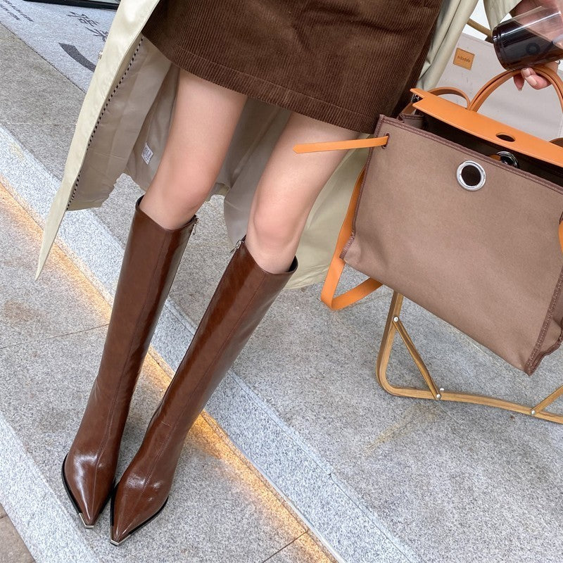 Soft Leather Pointed Toe Thick High Heel Long Boots