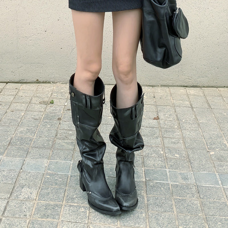 Pointed Toe Chunky Heel Slimming Pile Style Boots