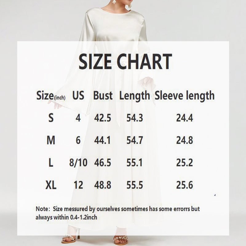 Elegant Round Neck Solid Color Flared Maxi Dress Long Sleeve With Pearl Cuff Detail, Modest A-Line Middle Eastern Abaya Party & Vacation Dress For Women