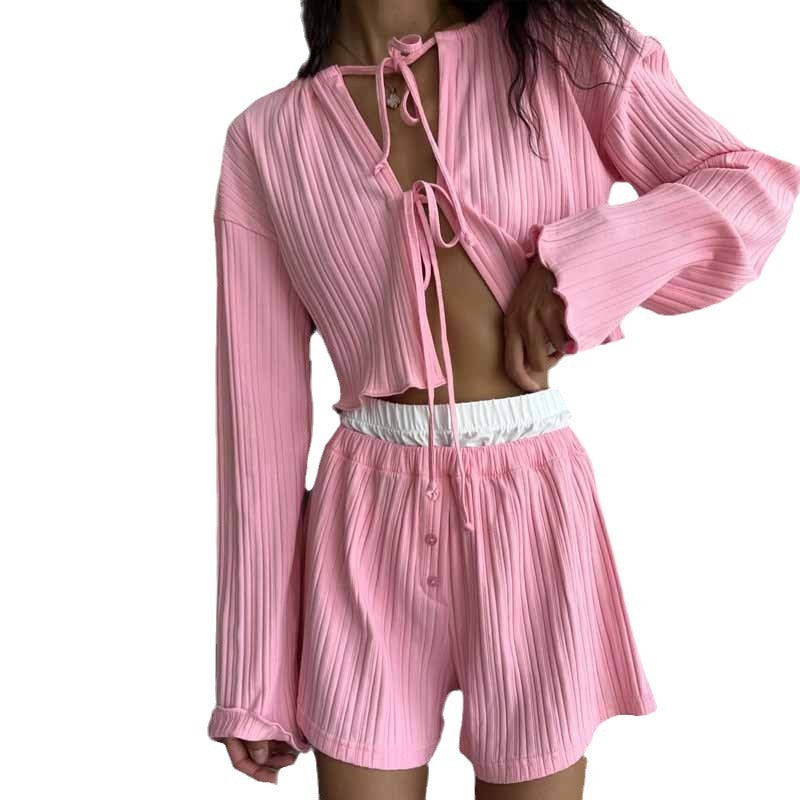 Fashion Striped Cardigan Two-piece Set Women