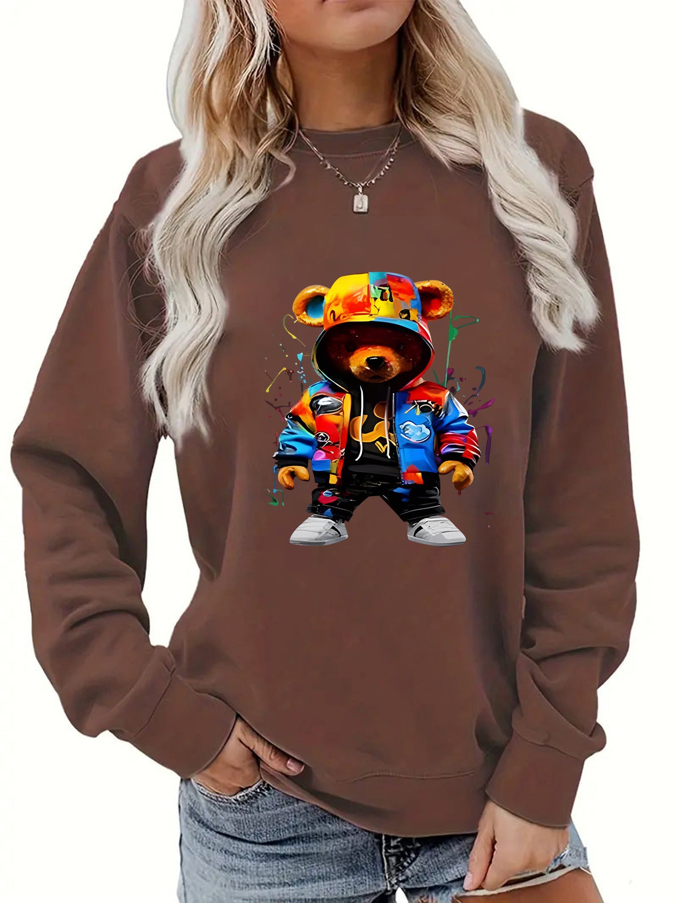 Women's Clothing Heel Wrapped Collar Brushed Hoody Round Neck Cartoon