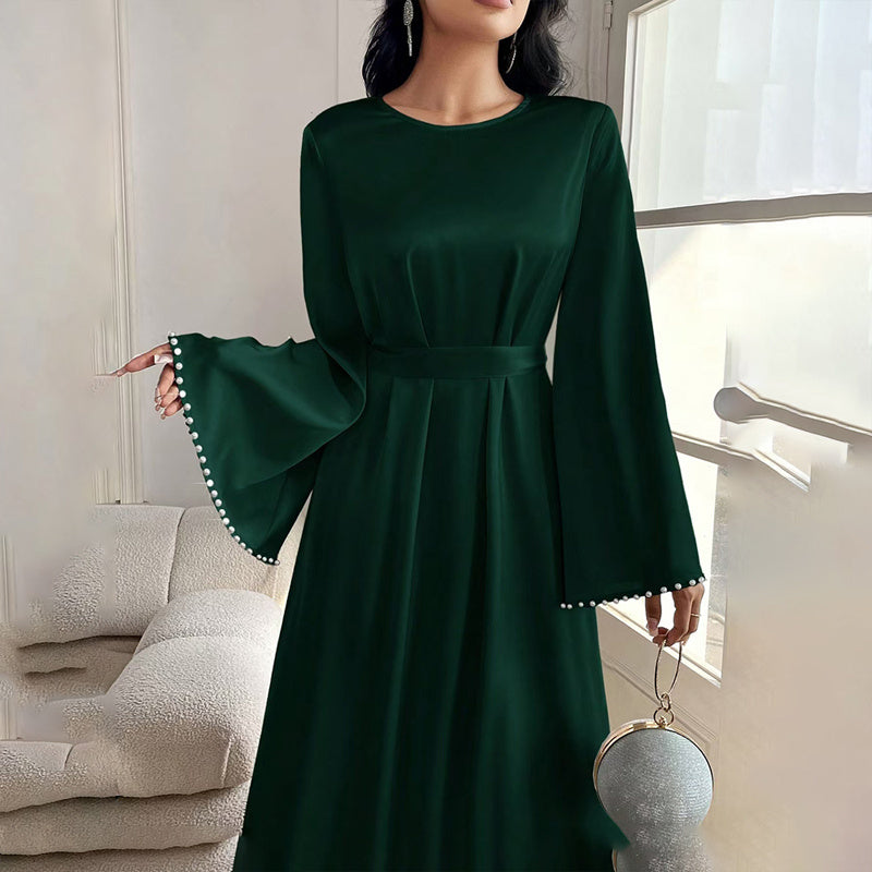 Elegant Round Neck Solid Color Flared Maxi Dress Long Sleeve With Pearl Cuff Detail, Modest A-Line Middle Eastern Abaya Party & Vacation Dress For Women