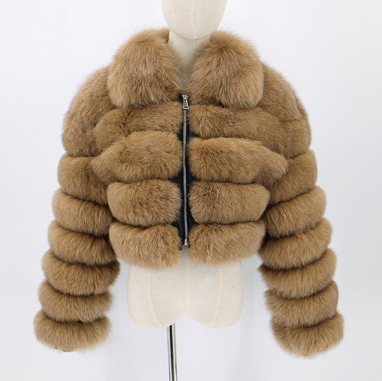 Women's Fur Coat Fox Fur Stitching Short Lapel Long Sleeve Coat