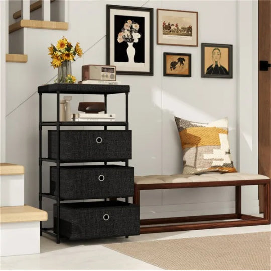 3-Drawer Fabric Storage Cabinet - Removable Foldable Drawers, Industrial Wood Top, Metal Frame With Anti-Tipping Kits