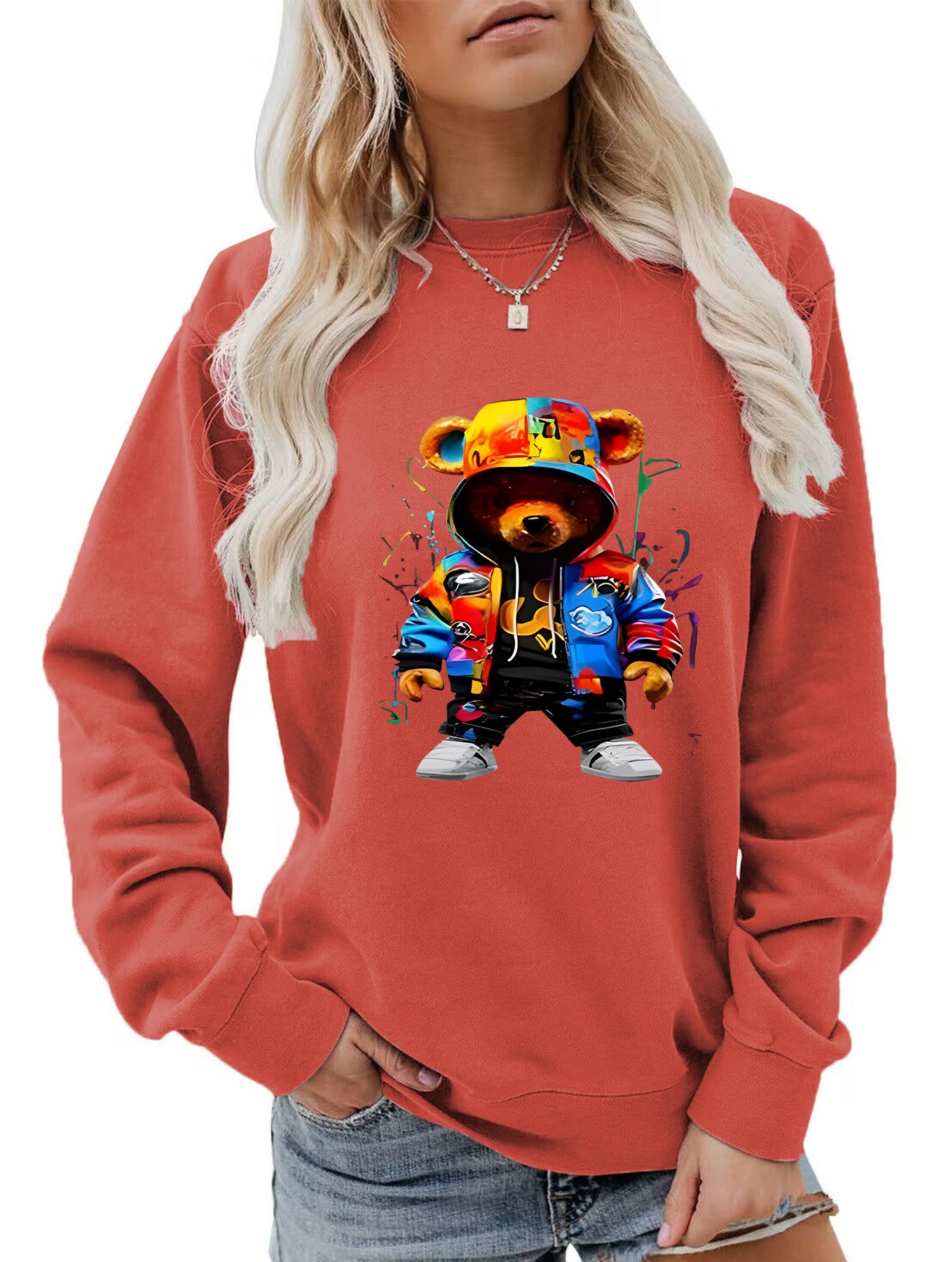 Women's Clothing Heel Wrapped Collar Brushed Hoody Round Neck Cartoon