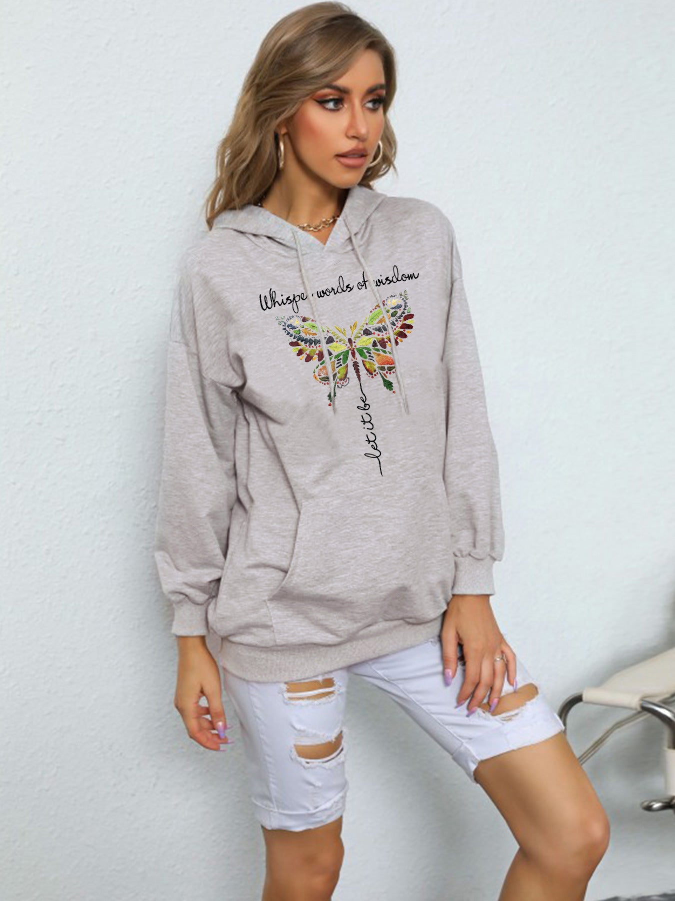 Fashion Butterfly Print Heel Wrapped Collar Brushed Hoody