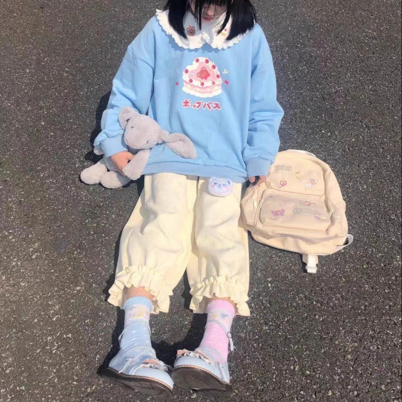 Autumn And Winter Set Female Student Korean Style Loose Cake Flowers Brushed Hoody Casual Bloomers Two Amazon