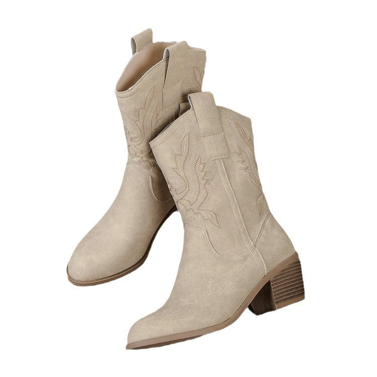 V Cut Embroidered Sleeve Thick Heel Middle Denim Women's Boots