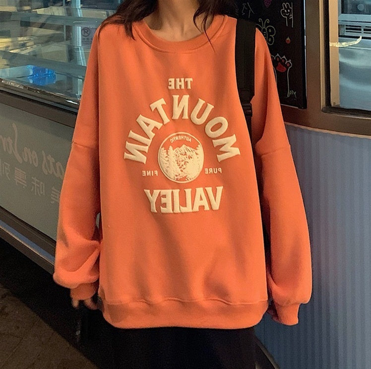 Loose Long Sleeve Letter Puff Print Brushed Hoody