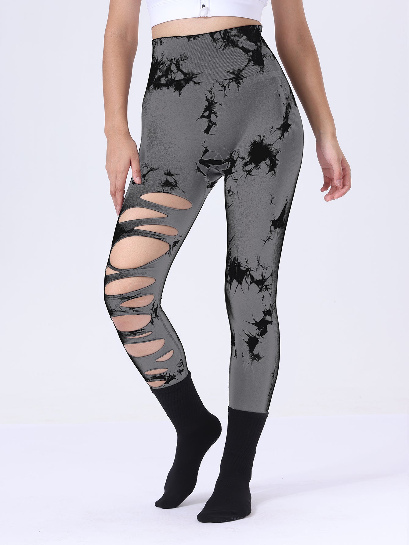 7 Pack Wholesale Fashion Women Sports Yoga High Waist Tie Dye Print Ripped Hollow Leggings Pants