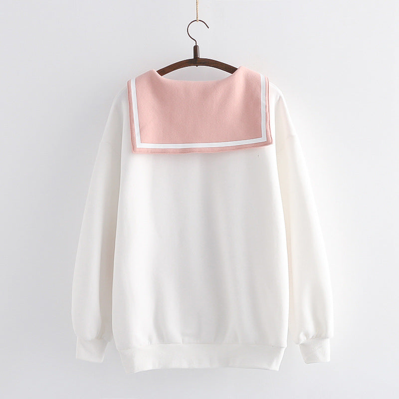 Japanese College Style Milk Tea Rabbit Sailor Collar Bow Brushed Hoody