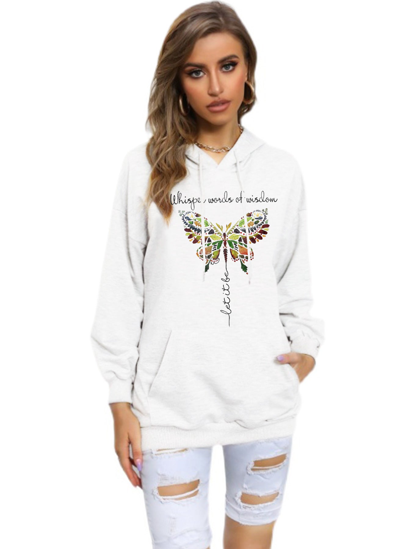 Fashion Butterfly Print Heel Wrapped Collar Brushed Hoody