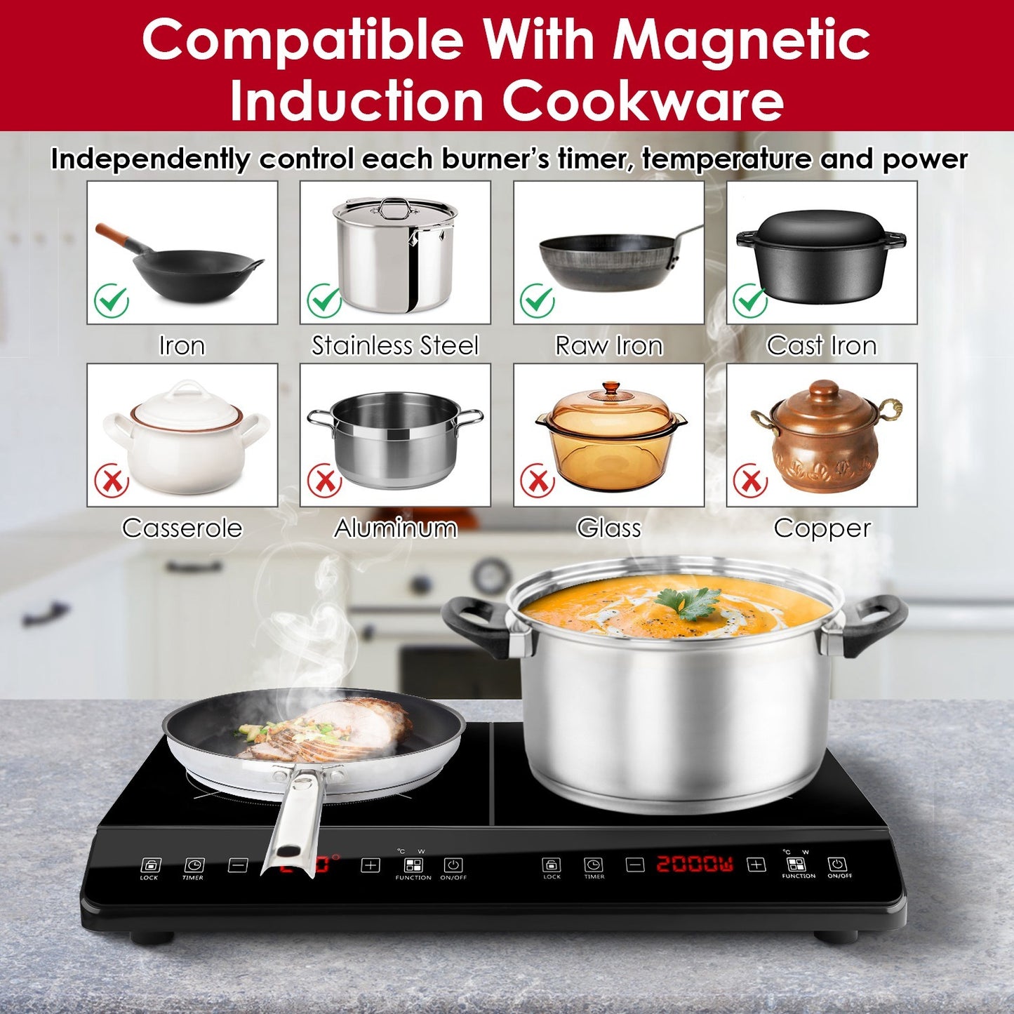 1Pc 4000W Induction Cooktop Portable Double Induction Cooker Electric Dual Burner Stove Countertop Hot Plate With 9 Power 9 Temperature 3H Timer
