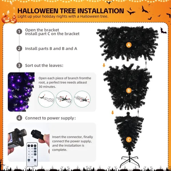 6 FT Pre-lit Upside Down Artificial Christmas Tree, Black Halloween Tree With 250 Purple Lights And Pumpkin & Skull Ornaments
