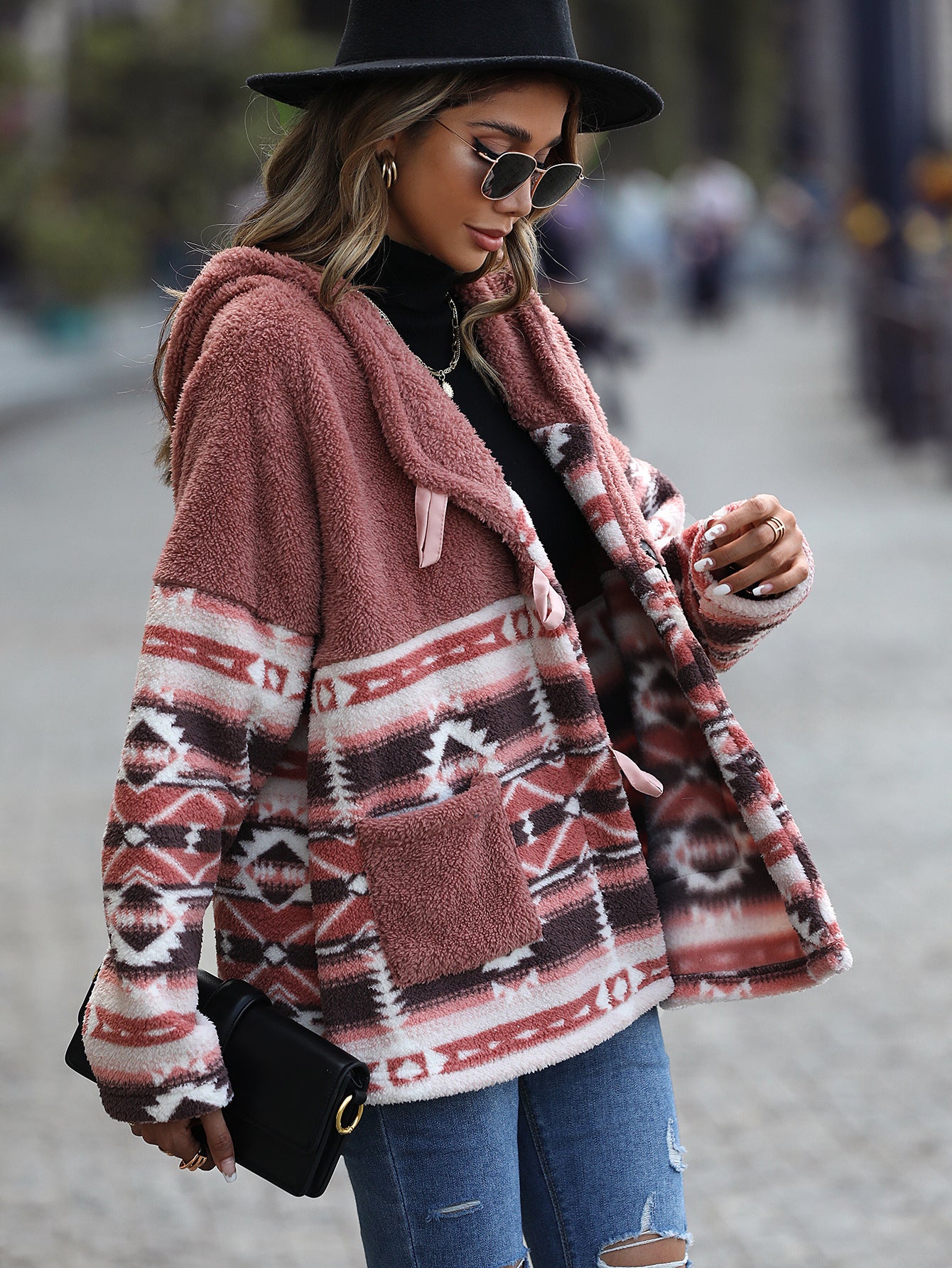 New Casual Women's Hooded Long-sleeve Geometric Horn Button Jacket