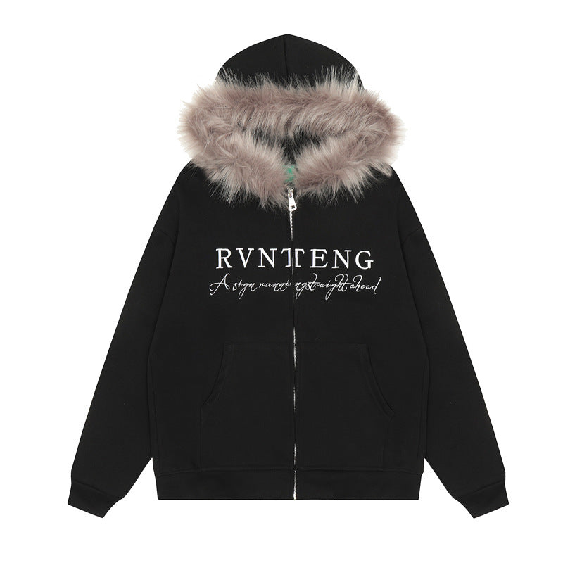 American Retro Alphabet Embroidery Fur Collar Hood Brushed Hoody