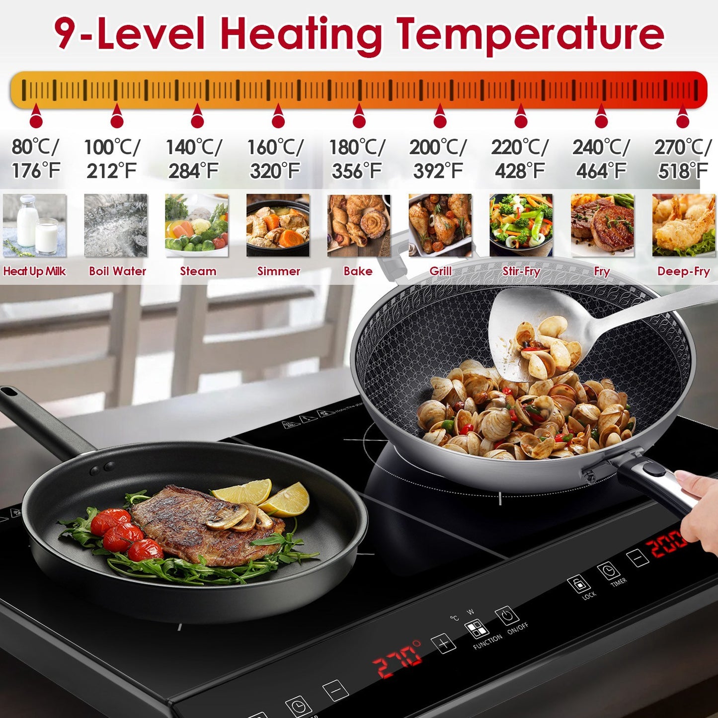 1Pc 4000W Induction Cooktop Portable Double Induction Cooker Electric Dual Burner Stove Countertop Hot Plate With 9 Power 9 Temperature 3H Timer