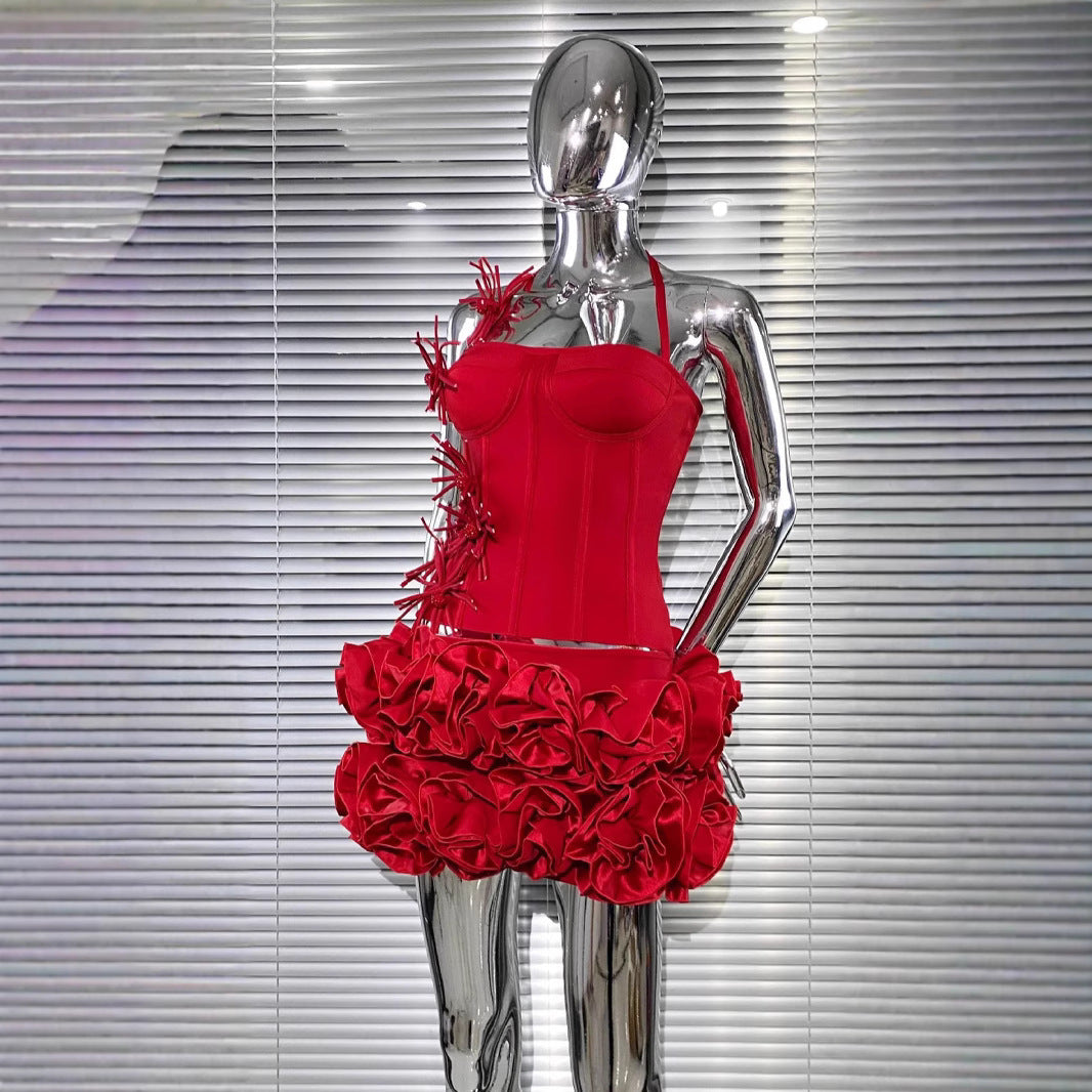 Bandage Vest Flower Evening Dress Two-piece Suit