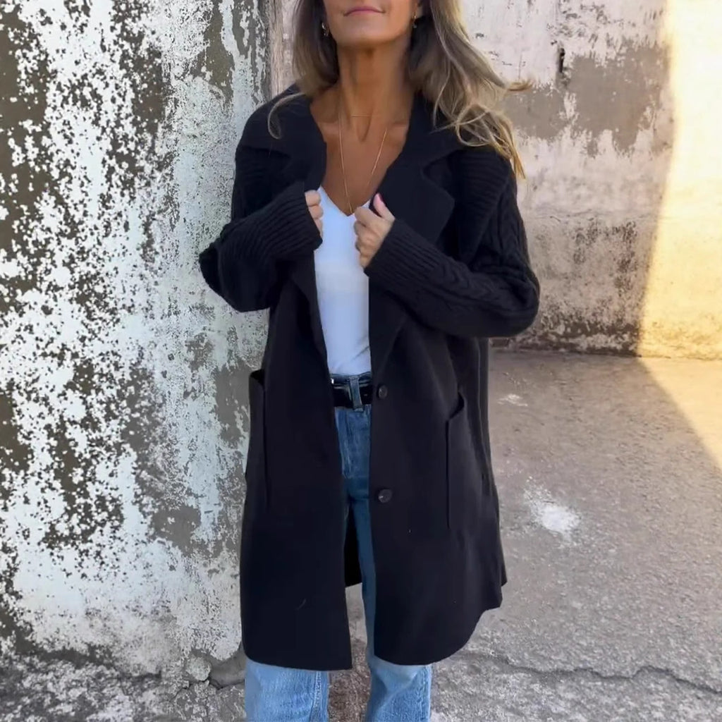 Women's Twist Knit Stitching Lapel Large Coat