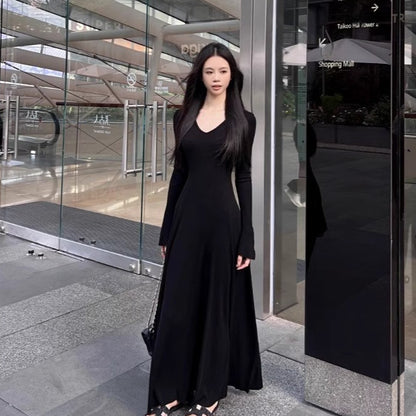 Elegant Inner Match Long Sleeve Knitted Dress Women's Black Sexy Waist Trimming Slim Fit