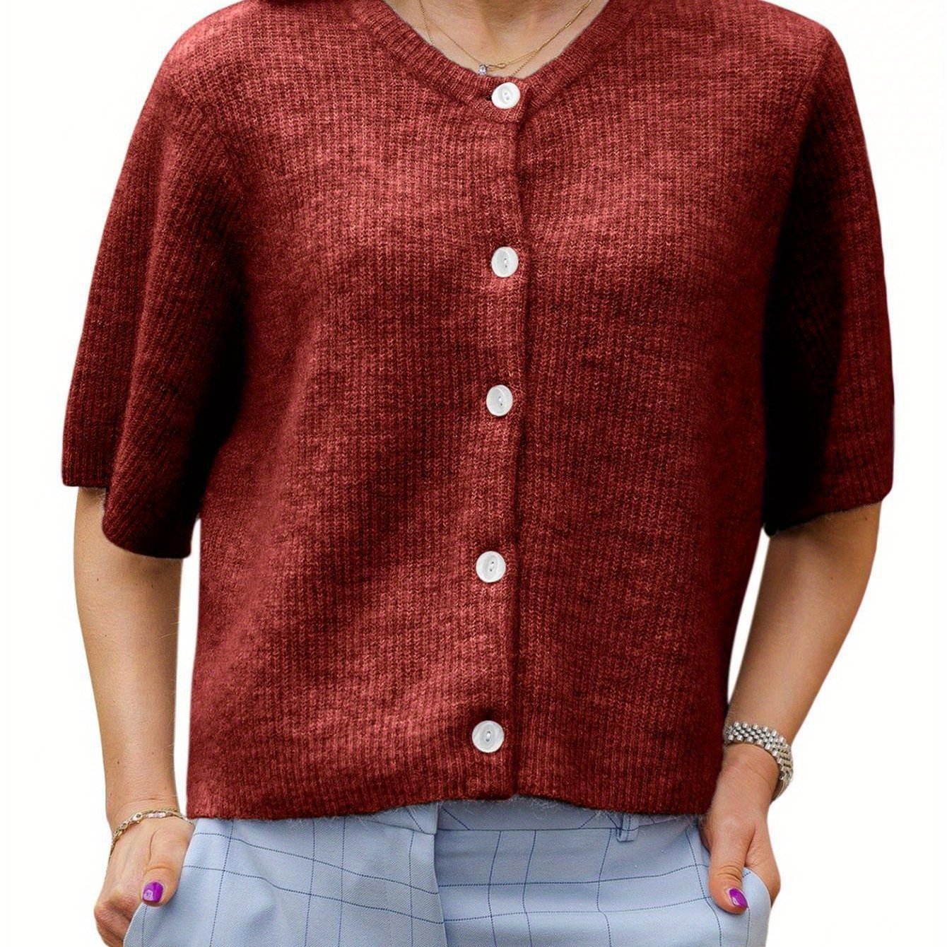 Women's Solid Color Short-sleeved Cardigan Round Neck Button