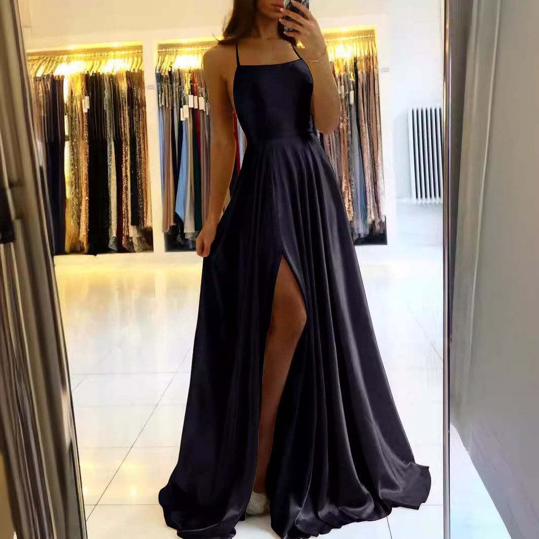 Amazon Long European And American Style Dress Slim Strap Back-to-back Dress High Slit Dance Host Dress