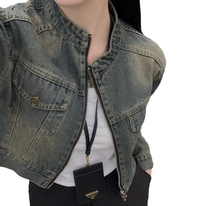Stand Collar Double Pocket Design Loose All-matching Short Long Sleeve Denim Coat