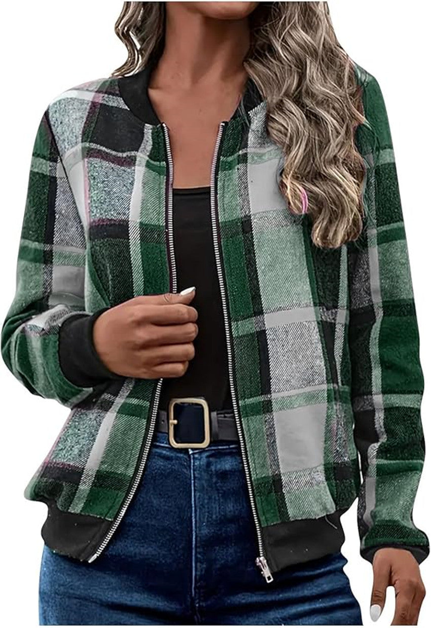Temperament Commute Women's Plaid Zipper Baseball Uniform