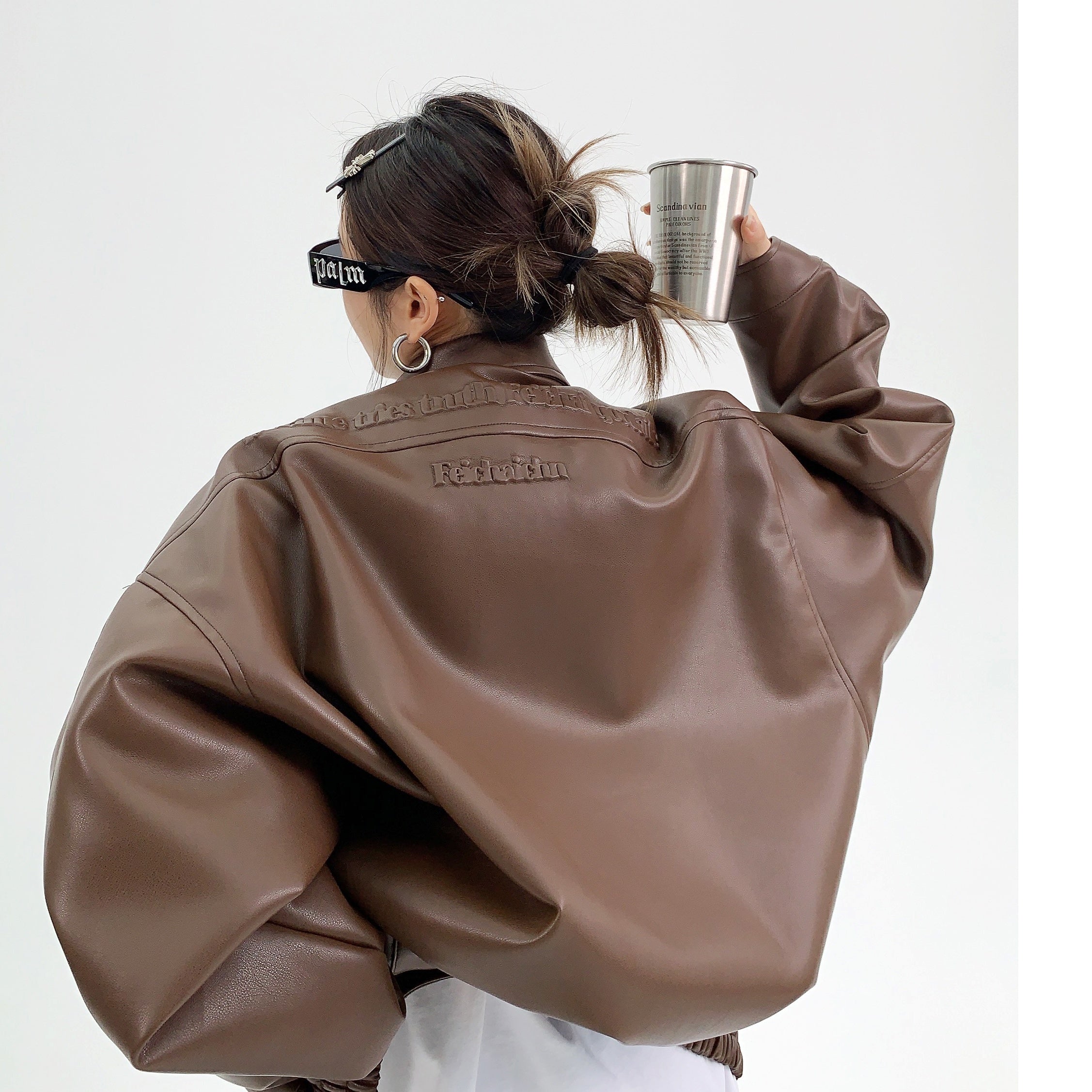 Troniche Steel Stamp PU Leather Motorcycle Jacket For Women