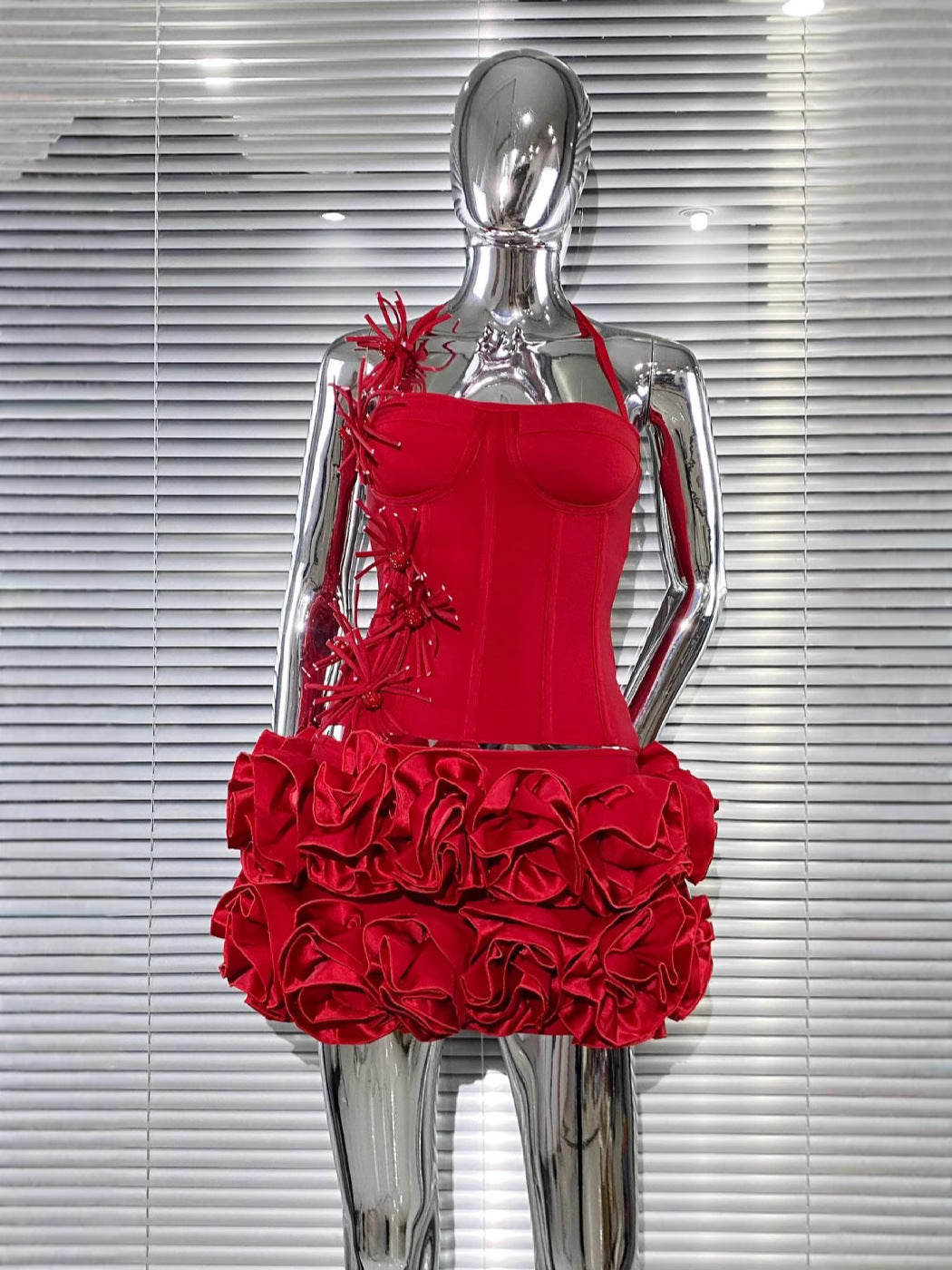 Bandage Vest Flower Evening Dress Two-piece Suit