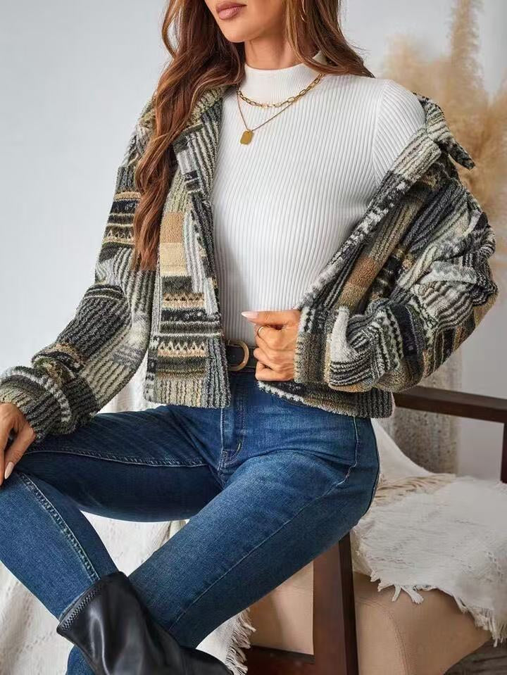 Printed Double-sided Plush Button Cardigan Casual Women's Plush Coat