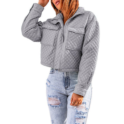 Women's Casual Long-sleeved Coat With Lapel And Solid Color Loose Zippered Cropped Jacket