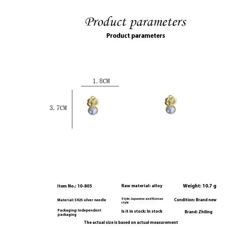 Sterling Silver Needle Rose Pearl Design Hong Kong Style Flower Stud Earrings