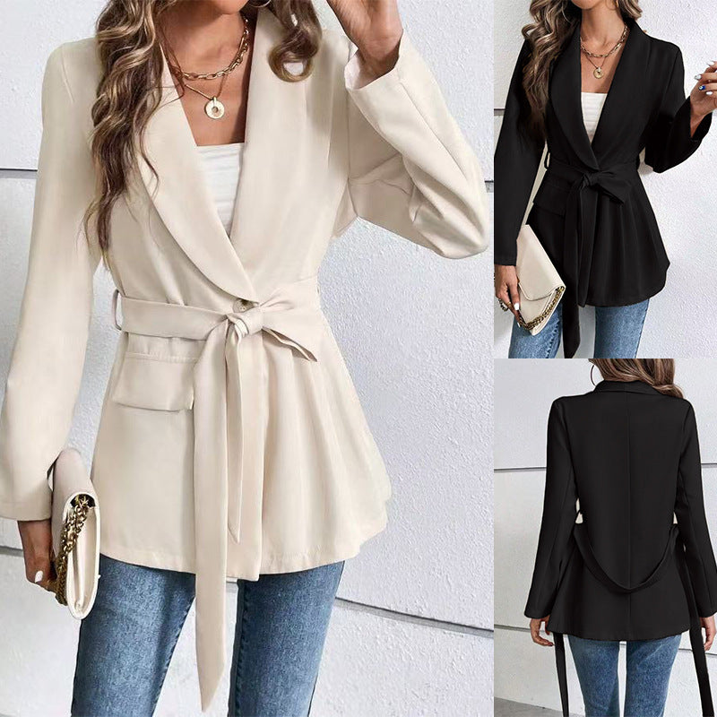 Slim Fit Fashion Lace-up Solid Color Long Sleeve Suit Coat