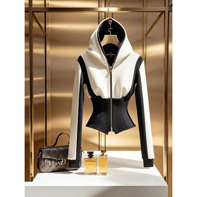 Spring Unique Temperament Hoodie High-grade Black And White Contrast Color Sweatshirt Coat