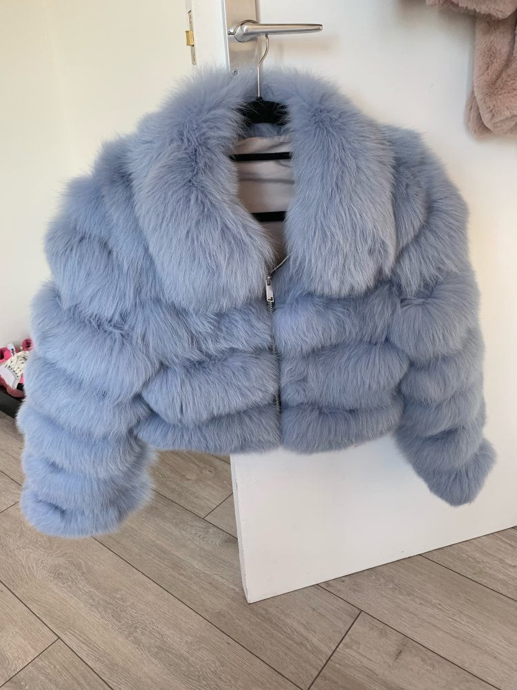 Women's Fur Coat Fox Fur Stitching Short Lapel Long Sleeve Coat