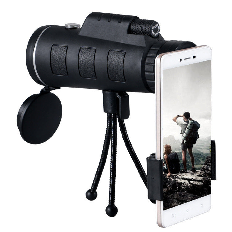 High-power monocular telescope with smartphone holder