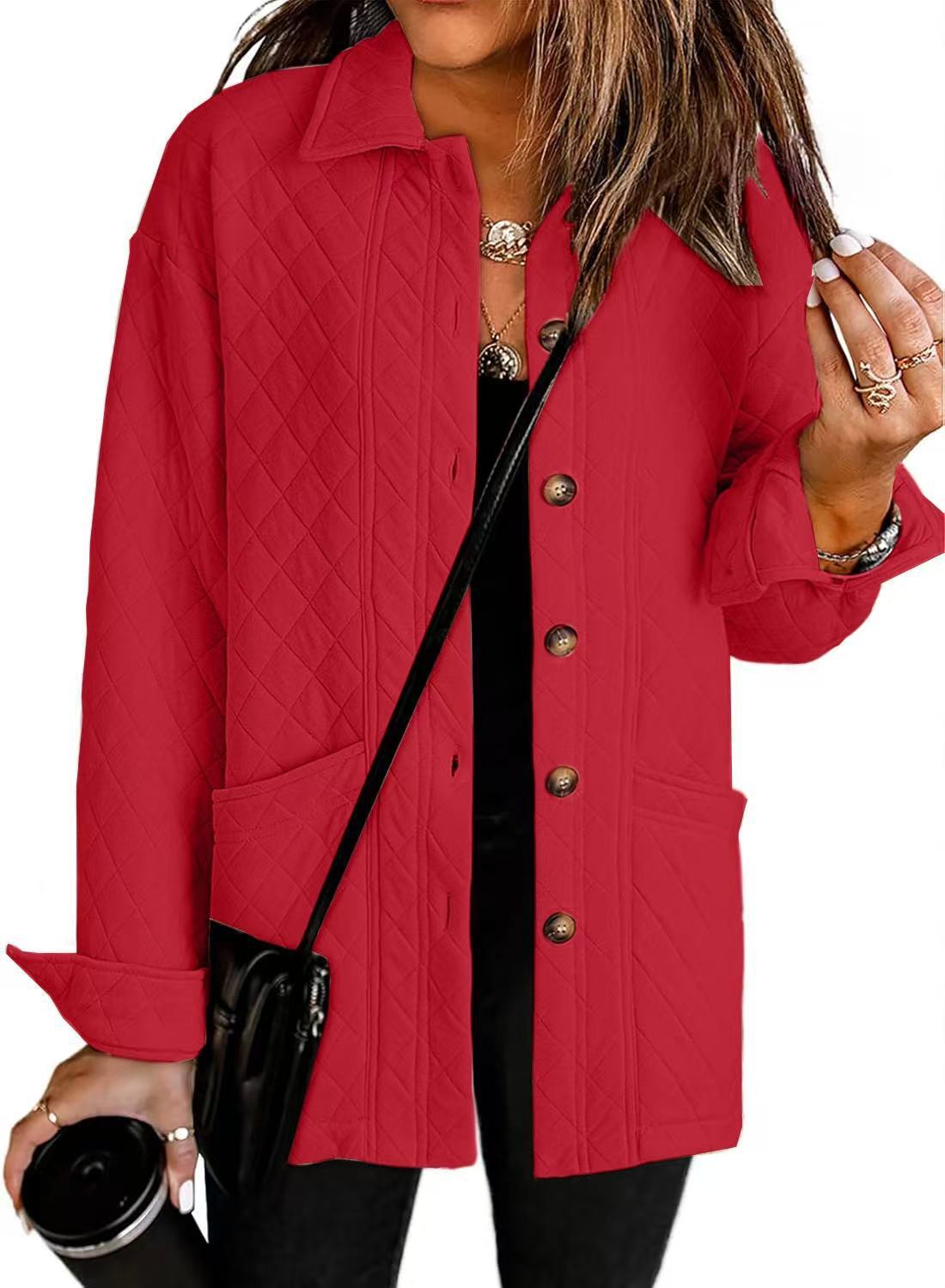 Women's Casual Quilted Jacket Button Long Sleeve Shirt With Pocket Coat