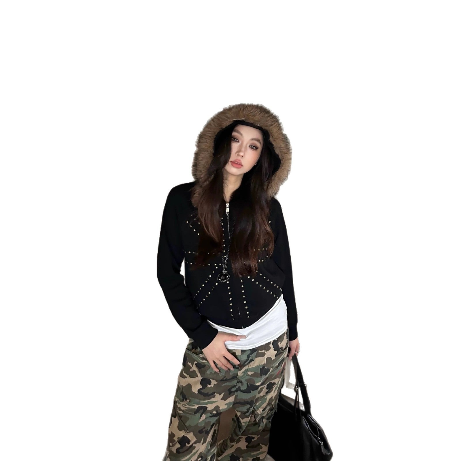 Women's Casual Loose Retro M Fur Collar Hood Bathroom Coat