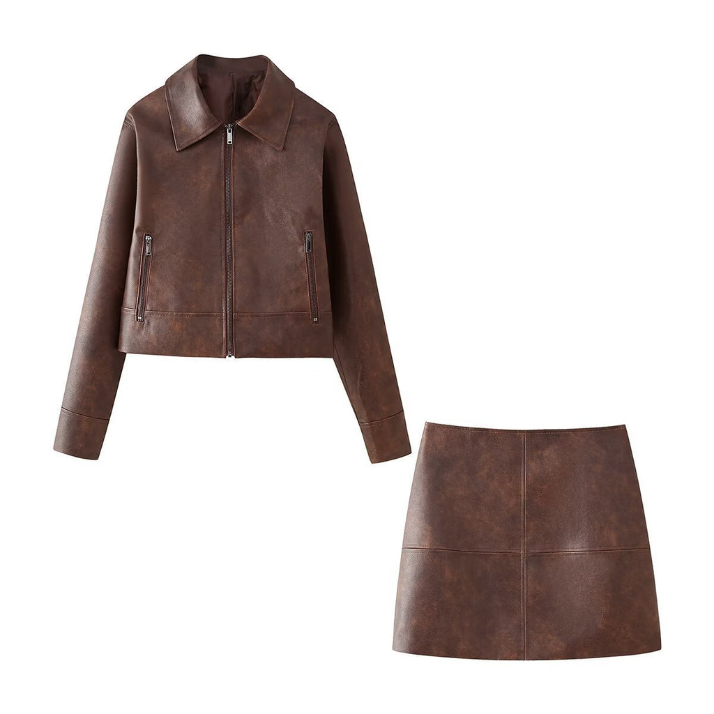 Women's Retro Lapels Long-sleeved Zipper Leather Jacket Skirt