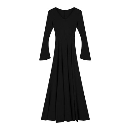 Elegant Inner Match Long Sleeve Knitted Dress Women's Black Sexy Waist Trimming Slim Fit